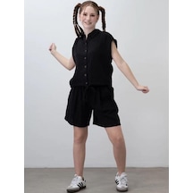 Kız Çocuk Müslin Şortlu Takım-15785 Siyah