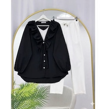 Lovie Moda Yakası Fırfır Detaylı Düğmeli Pantolonlu Takım Siyah