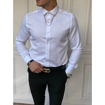 Modefendi Slim Fit Pamuk Örme Bebe Yaka Gömlek Beyaz
