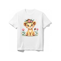 Urbantrendstore Sevimli Aslan Unisex Kız Çocuk Bisiklet Yuvarlak Yaka Basic Kısa Kollu %100 Pamuk Tişört Beyaz