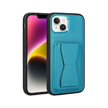 Zore İphone 14 Uyumlu Kartlıklı Standlı Pu Deri Ogaa Memo Kılıf-mavi