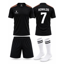 Yenteks Ronaldo Yazılı Siyah Çocuk Forma Seti Çorap Hediyeli Siyah - Gri