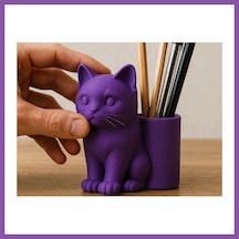 Bezos 3d Baskı Kedi Figürlü Kalemlik - Masaüstü Organizer - Mor Bzoshb