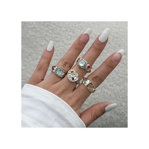 Umbre Gümüş Renkli- 4 Adet Renkli Taşlı Şık Tasarım Vintage Çoklu Ayarlanabilir Silver Yüzük Seti