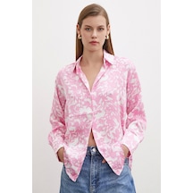 Never More Desenli Gofret Saten Gömlek Pembe Pembe
