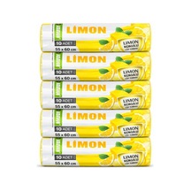 Büyük Boy Limon Kokulu Büzgülü Çöp Torbası, 65x70 Cm, 60 Litre, Su Geçirmez, Kalın Çöp Poşeti, 5 Paket 50 Adet Büyük Boy, Limon Kokulu