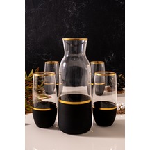 Mest Gst 365 6 Kişilik 7 Parça Siyah Ince Gold Su Bardağı Takımı - Yaldızlı Sürahili Siyah Ince Gold