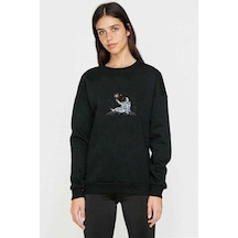 Firework Astro Uzayda Ay Çizim Baskılı Siyah Kadın Sweashirt