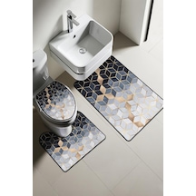 Modern Desenli Dijital Baskı 3 Lü Banyo Paspas Takımı Yıkanabilir Kaymaz Tabanlı Klozet Takımı Klz0061 Renkli