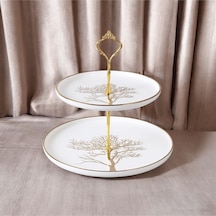 Autumn Hayata Ağacı Desenli Gold Kaplama Detaylı Porselen 2 Katlı Pasta Kurabiyelik Servislik