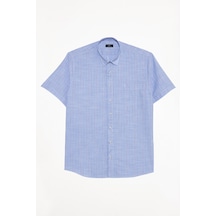 Erkek Regular Fit Klasik Kesim Oversize %100 Pamuk Keten Doku Tek Cepli Çizgili Kısa Kollu Mavi Gömlek-42416 Mavi