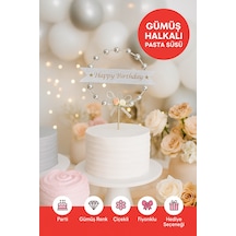 Gümüş Halkalı Happy Birthday Pasta Süsü Çiçekli Fiyonklu Parlak Doğum Günü Dekoru