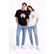 Sevgili Kombini Ayıcık Kalp Baskılı Çift Tişört Oversize Unisex Partner Kombin Seti Siyah - Beyaz