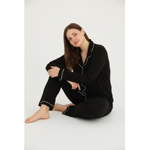 Bravie Luxury Viscose Siyah Beyaz Biyeli Kadın Uzun Kollu Büyük Beden Pijama Takımı 42501 Siyah