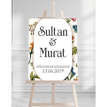Söz Nişan Düğün İçin 50x70 Karşılama Panosu - Renkli Çiçek Tasarımlı 12 Beyaz