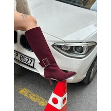 Erva'nın Butiği Bordo Süet Lavinia Gümüş Toka Detay 7 Cm Kadın Topuklu Çizme-6478