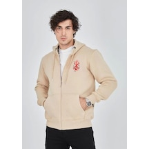 Unisex Baskılı Tam Fermuarlı Kapşonlu Sweatshirt - Bej Bej