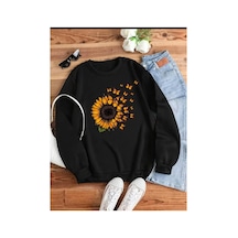 Medinenur Turuncu Ayçiçeği Baskılı Bisiklet Yaka Şardonlu Sweatshirt Siyah
