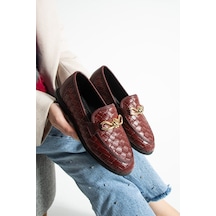 Lebibe Shoes Maby Kadın Bordo Örgü Dokulu Zincir Detaylı Loafer Düz Ayakkabı Babet