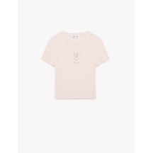 Koton Slim Fit Kısa Kollu Ribanalı Bisiklet Yaka Pamuklu Fiyonk Detaylı Tavşan Baskılı Tişört Pembe 5sal10903ık Gül