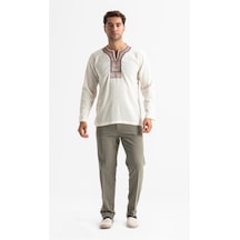 Uzun Kol Şile Bezi Bisiklet Yaka Etnik Erkek T-Shirt Krem Krm Krem
