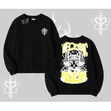 Meowsic Purrfect Kedi Arka Baskılı Biskilet Sweatshirt Siyah