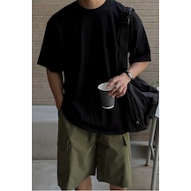 Tarz Cool Erkek %100 Pamuklu Kalın Dokulu Oversize Bisiklet Yakalı T-shirt Siyah