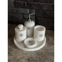 Beyaz Mermer Gümüş Pompalı, Pamukluk Kendinden Tutmalı 5'li Set Beyaz