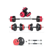 Spor Yıldız Serisi 12 Kg Multifonksiyonel Kırmızı Siyah Halter Seti Ve Dambıl Seti