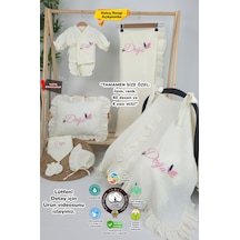 Gros Shop Müslin Yeni Doğan 4katlı Organik %100pamuk Kişiye Özgü Nakışlı Hastane Çıkış Seti Kelebek Model-1 Ekru