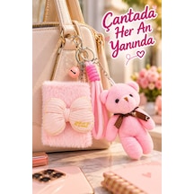 Peluş Fiyonk Detaylı Cep Aynası Anahtarlık Ve Peluş Ayıcık Set Kawaii Çanta Charmı Makyaj Aynası-p Çok Renkli