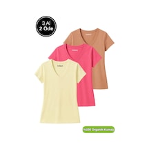 Kadın 3'lü Paket Kahverengi-sarı-pembe %100 Organik Pamuk Normal Kesim Tişört V Yaka T-shirt Çok Renkli