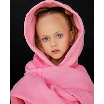 Kız Çocuk Nakışlı Slogan Hashtag Oversize Alt Üst Takım Kapüşonlu 3 İplik Şardonlu Açık Pembe
