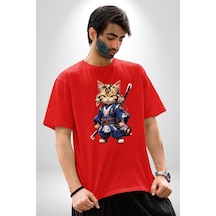 Japon Samuray Kılınç Pamuklu Bisiklet Yaka Unisex Oversize Boyfriend Dijital Baskılı Kırmızı T-shirt Kırmızı