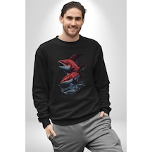 Kırmızı Japon Balığı Unisex Siyah Baskılı Sweatshirt Siyah