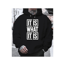 Herkesemoda İt's What Baskılı Kapşonlu Siyah Sweatshirt Siyah