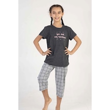 Kız Çocuk Antrasit Pamuklu Kısa Kol Kaprili Pijama Takım 001
