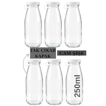 6 Adet Şeffaf Süt, Ayran, Limonata, Meşrubat Cam Şişe 250 Ml Tak Çıkar Plastik Kapaklı Şişe