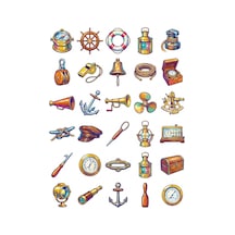30 Adet Vintage Denizcilik Objeleri Sticker Seti - Laptop Defter Su Matarası İçin Çok Renkli