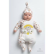 Babyden's Babasının Balı Yazılı Yenidoğan Bebek Tulumu Şapka Seti Arı Desenli %100 Pamuk Unisex Bebek Tulum Ekru - Sarı