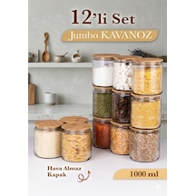 12'li Etiketli Cam Kavanoz Seti Bambu Vakum Kapaklı Çizgili Erzak Bakliyat Saklama Kabı 12x1000 Ml Şeffaf