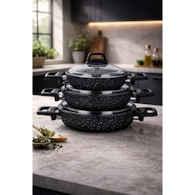 Stone 6 Parça Granit Ezme Cam Kapaklı Sahan Omlet Seti Siyah 18/20/22 Cm Yapışmaz