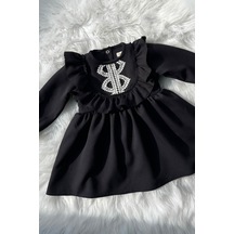 Dantel Detaylı Fırfırlı Kız Çocuk Bebek Siyah Krep Elbise 001