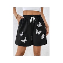 Tarzsokak Butterfly Print Drawstring Waist Şort Siyah