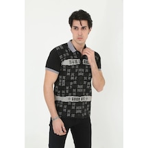 Erkek Polo Yaka Tişört Slim Fit Baskılı Kısa Kol T-shirt - Siyah