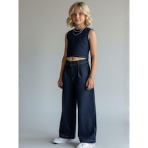 Zekids Kız Çocuk Yüksek Bel Bol Paça Jean Pantolon-16966 Lacivert