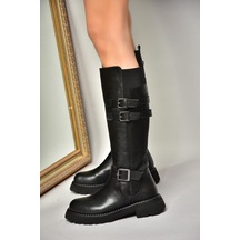 Fox Shoes T820857509 Siyah Düz Tabanlı Kadın Çizme Siyah-Suni Deri
