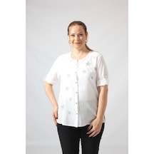 Moda Berray 3294 Beyaz Yıldız Baskılı Organik Keten Kumaş Mevsimlik Gömlek Beyaz