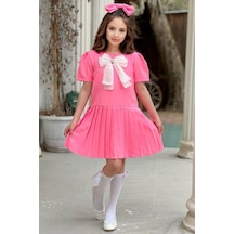 Riccotarz Kız Çocuk Göğsü Fiyonk Detaylı Eteği Pliseli Pembe Elbise 001