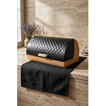 Bambu Gövdeli Siyah Pane Ekmek Dolabı 38x25x18.5 Cm - Mekanizmalı Metal Kapaklı Ekmeklik